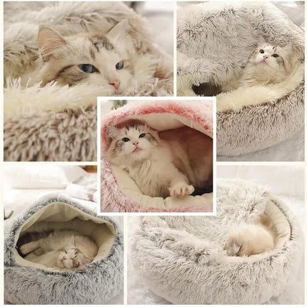 Soft Plush Pet Bed with Cover Round Cat Bed Pet Mattress Warm Cat Dog 2 in 1 Sleeping Nest Cave for Small Dogs