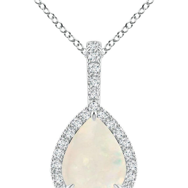 Natural Opal Halo Solitaire Pendant Necklace for Women, Girls in 14K Solid Gold/Platinum | October Birthstone | Jewelry Gift for Her | Birthday|Wedding Anniversary