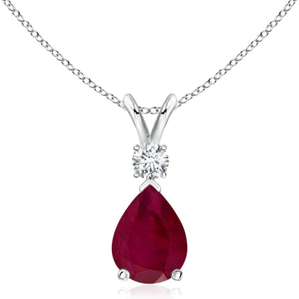 Natural Ruby Teardrop Pendant Necklace with Diamond for Women, Girls in Sterling Silver / 14K Solid Gold/Platinum with 18" Chain, July Birthstone Jewelry Gift for Her Birthday, Anniversary