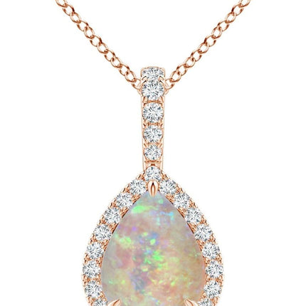 Natural Opal Halo Solitaire Pendant Necklace for Women, Girls in 14K Solid Gold/Platinum | October Birthstone | Jewelry Gift for Her | Birthday|Wedding Anniversary