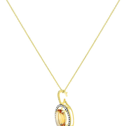 14K Yellow Gold Large Citrine Center Stone Genuine Gemstone and Diamond Halo Gemstone Pendant Necklace for Women Birthstone of November, 18 Inch Chain