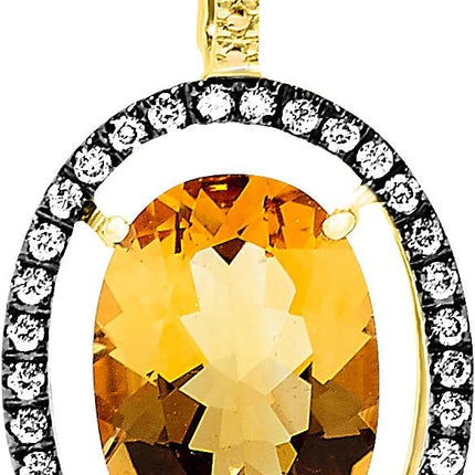 14K Yellow Gold Large Citrine Center Stone Genuine Gemstone and Diamond Halo Gemstone Pendant Necklace for Women Birthstone of November, 18 Inch Chain