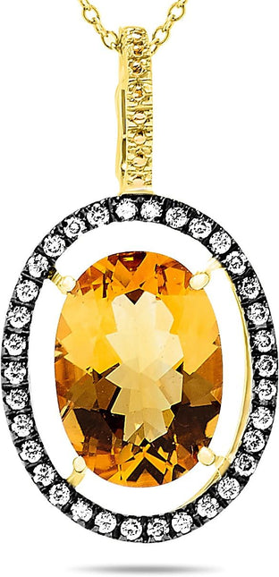 14K Yellow Gold Large Citrine Center Stone Genuine Gemstone and Diamond Halo Gemstone Pendant Necklace for Women Birthstone of November, 18 Inch Chain