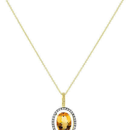 14K Yellow Gold Large Citrine Center Stone Genuine Gemstone and Diamond Halo Gemstone Pendant Necklace for Women Birthstone of November, 18 Inch Chain